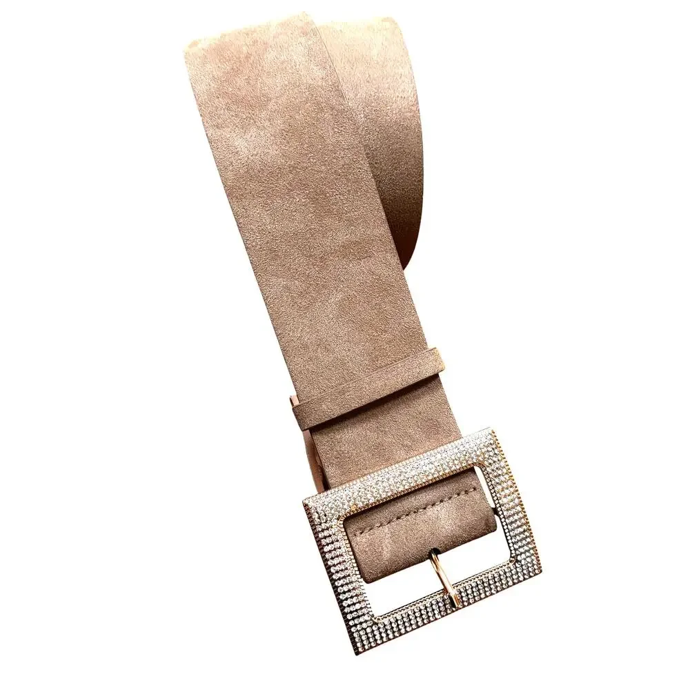 Wide ladies faux suede fashion belt rose gold buckle & clear white rhinestones